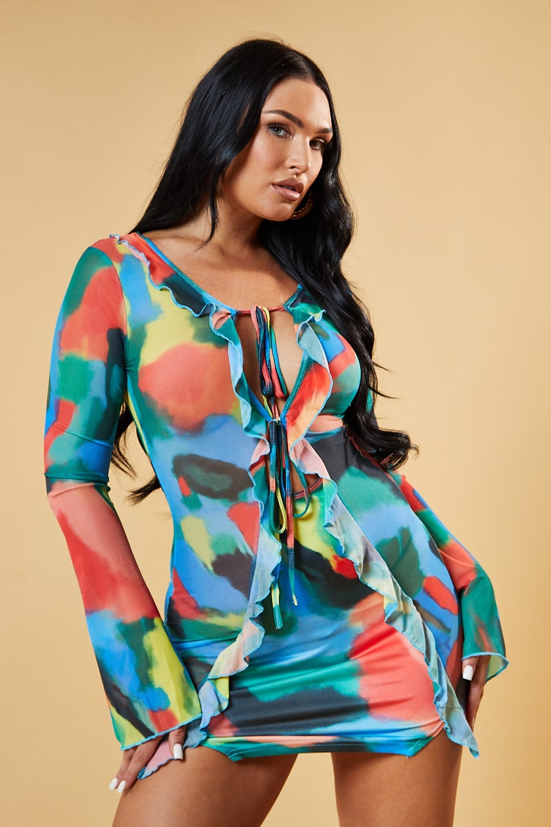 Multi Watercolour Frill Detail Tie Front Mini Dress - Itzel