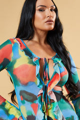 Multi Watercolour Frill Detail Tie Front Mini Dress - Itzel