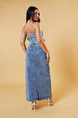 Light Blue Denim Bandeau Corset Detail Cropped Top - Sanvi