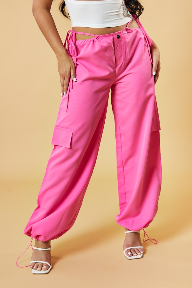 Pink Tie Waist Toggle Detail Parachute Cargo Trousers - Eva