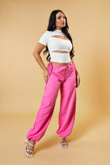 Pink Tie Waist Toggle Detail Parachute Cargo Trousers - Eva