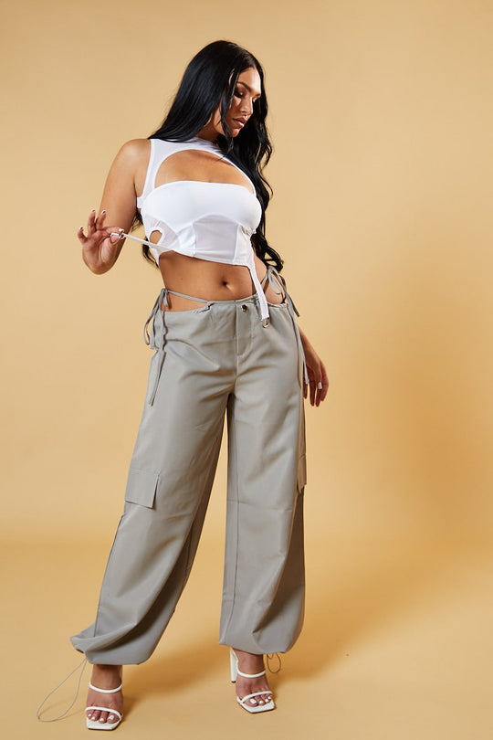 Mocha Tie Waist Toggle Detail Parachute Cargo Trousers - Eva