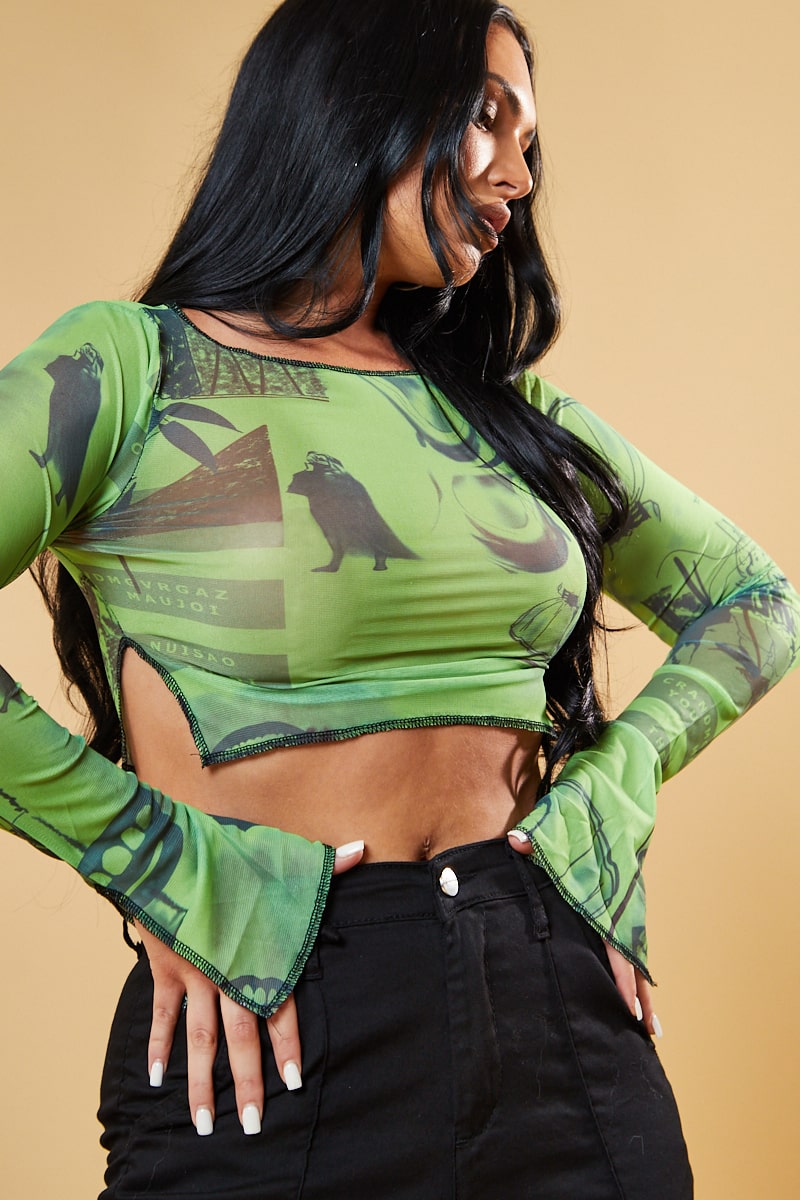 Green Abstract Print Mesh Cropped Top - Cucu