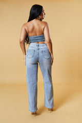 Light Blue Denim Zip Front Corset Cropped Top - Dina