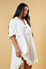 White Pleat Detail Frill Sleeve Oversized Dress - Sana