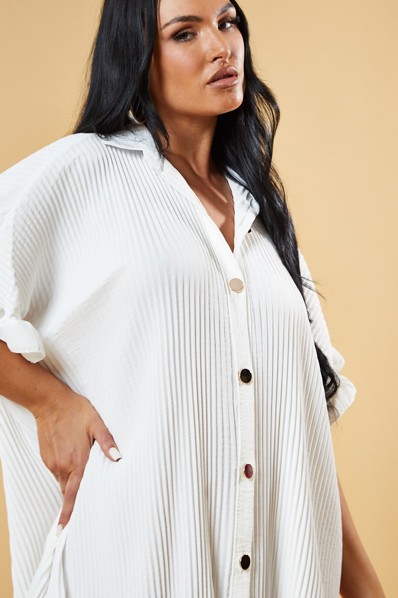 White Pleat Detail Frill Sleeve Oversized Dress - Sana