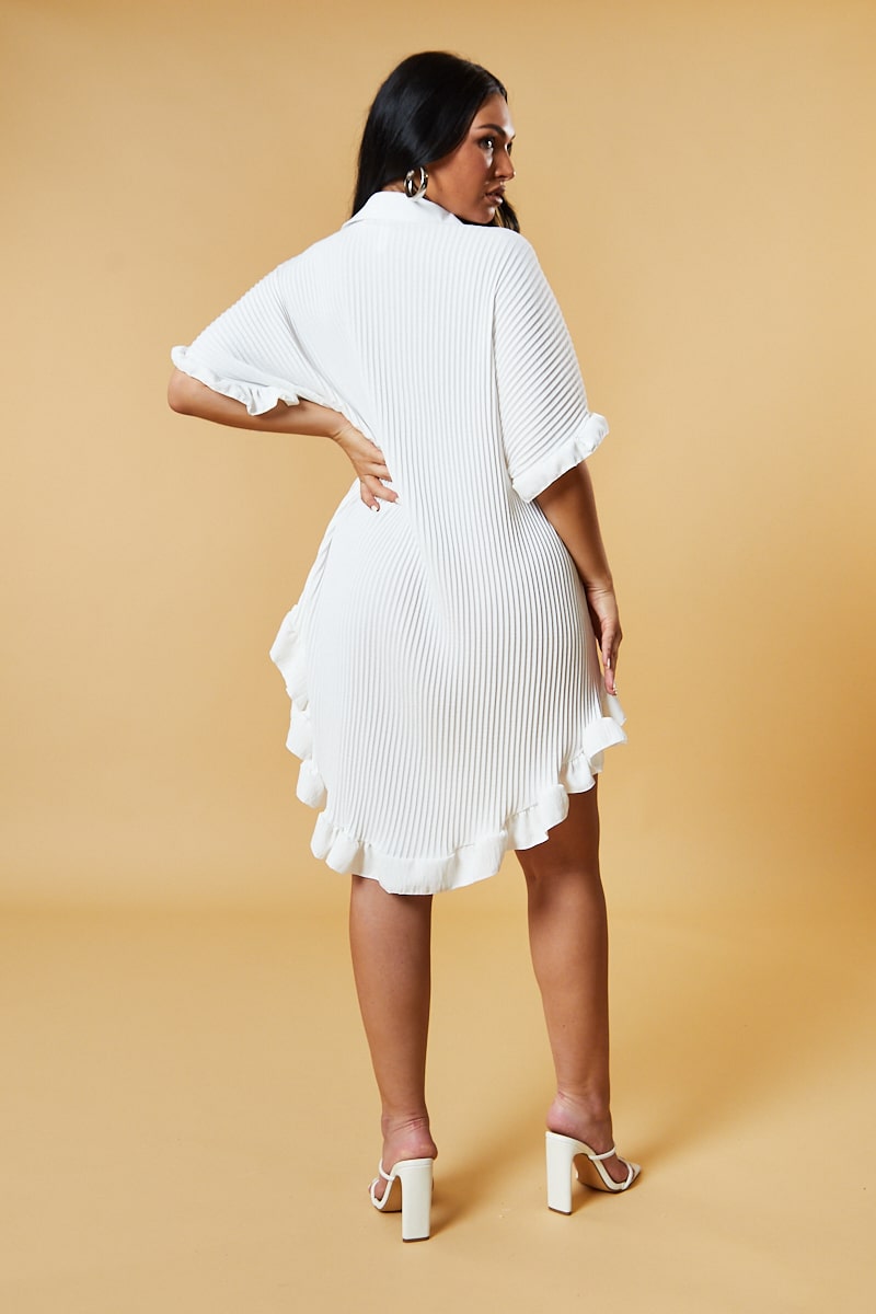 White Pleat Detail Frill Sleeve Oversized Dress - Sana
