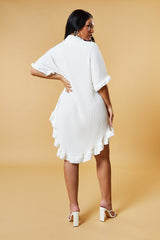White Pleat Detail Frill Sleeve Oversized Dress - Sana