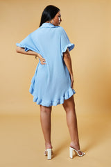 Blue Pleat Detail Frill Sleeve Oversized Dress - Sana