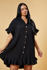 Black Pleat Detail Frill Sleeve Oversized Dress - Sana