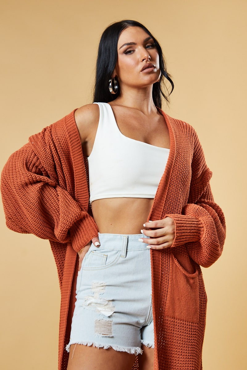 Rust Longline Knit  Maxi Cardigan - Ema