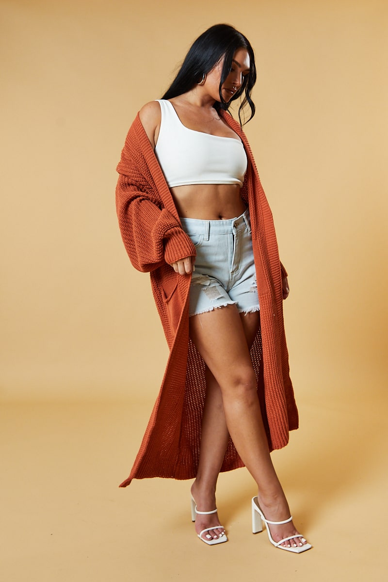 Rust Longline Knit  Maxi Cardigan - Ema