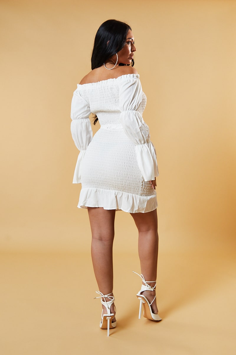 White Shirring Detail Bardot Top & Mini Skirt Co-ord Set - Connie