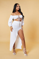 White Bardot Cropped Top & Front Slit Skirt Co-ord Set - Vanika