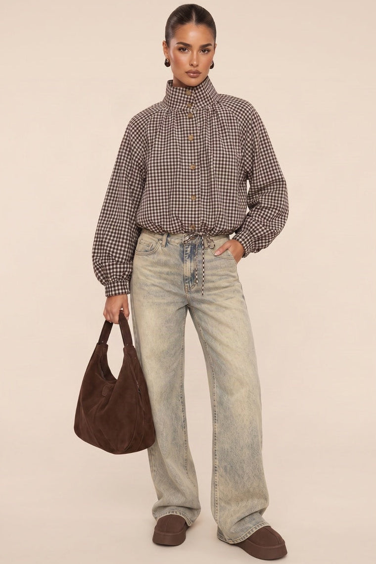 Chocolate Brown Check Funnel Neck Bomber Jacket - Sophaya