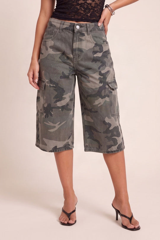 Khaki Camo Print Mid Waist Denim Longline Jorts - Nadina