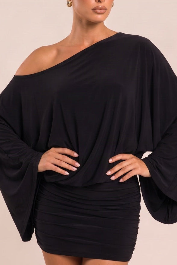 Black Asymmetric Batwing Mini Dress - Neema