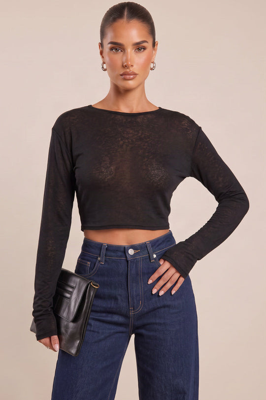 Black Long Sleeve Semi Sheer Top - Keelin