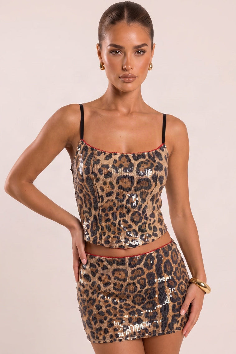 Brown Sequin Leopard Print Lace Trim Top and Mini Skirt Co-ord Set - Peggy