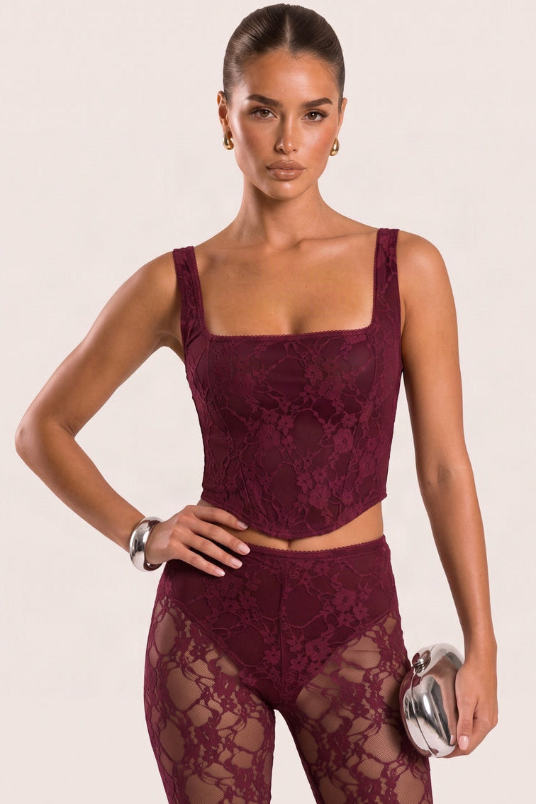Wine Lace Corset and Capri Pants Co-ord Set - Cammie