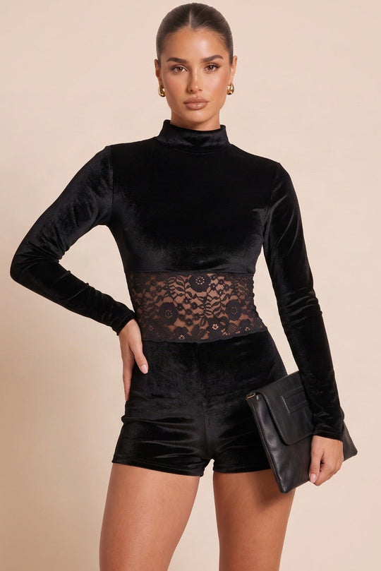 Black Velvet High Neck Lace Panel Playsuit - Rihanna