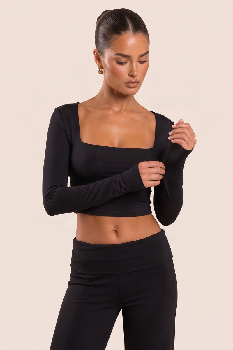 Black Slinky Square Neck Long Sleeve Crop Top - Melissa