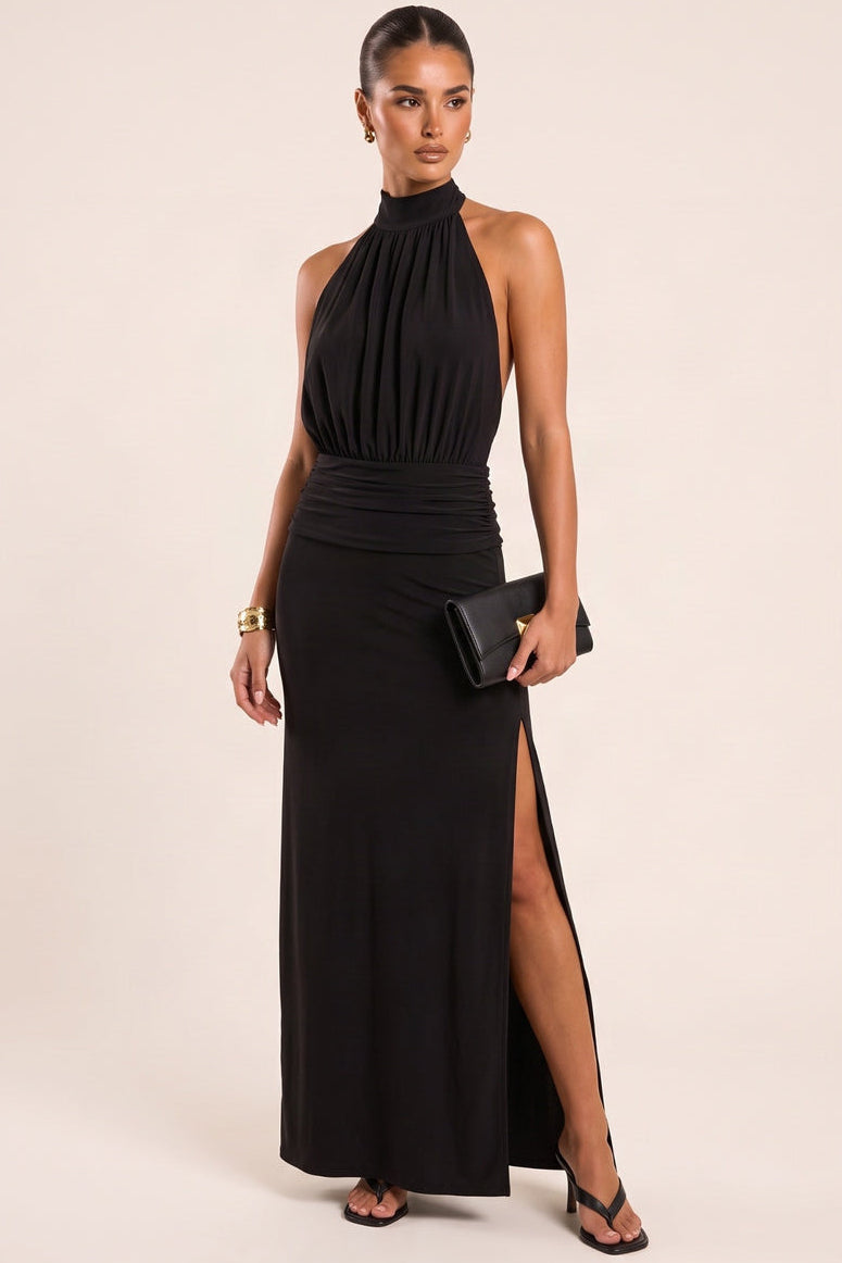 Black Blouson Halterneck Split Maxi Dress - Tarlia