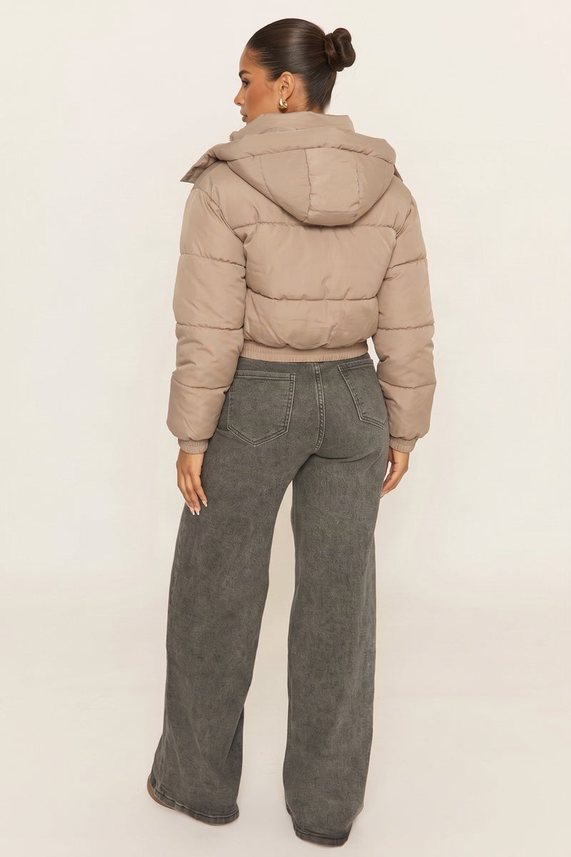 Stone Hooded Zip Through Crop Puffer Jacket - Careen