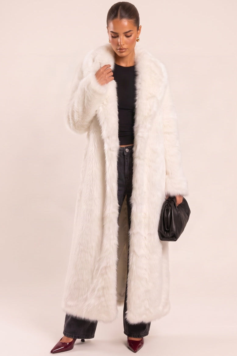 Cream Faux Fur Long Coat - Drena