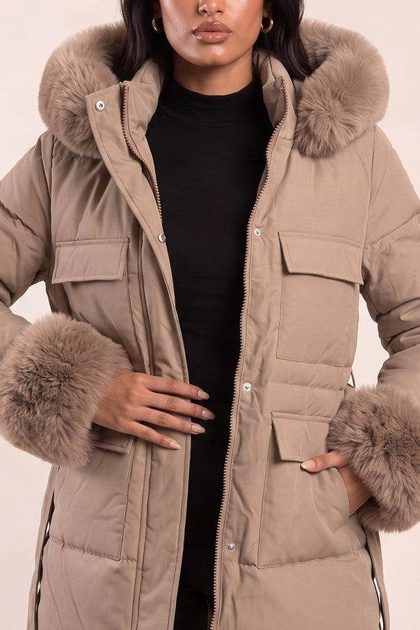 Mocha Faux Fur Trim Longline Puffer Jacket - Candy