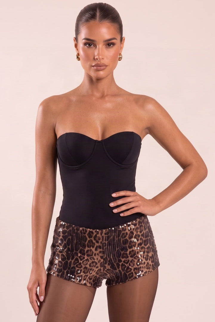 Brown Leopard Print Sequin Mini Shorts - Yvanna