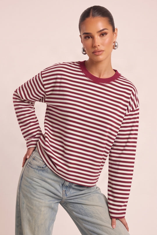 Wine Stripe Drop Shoulder Oversized Stripe Top - Cleopatra