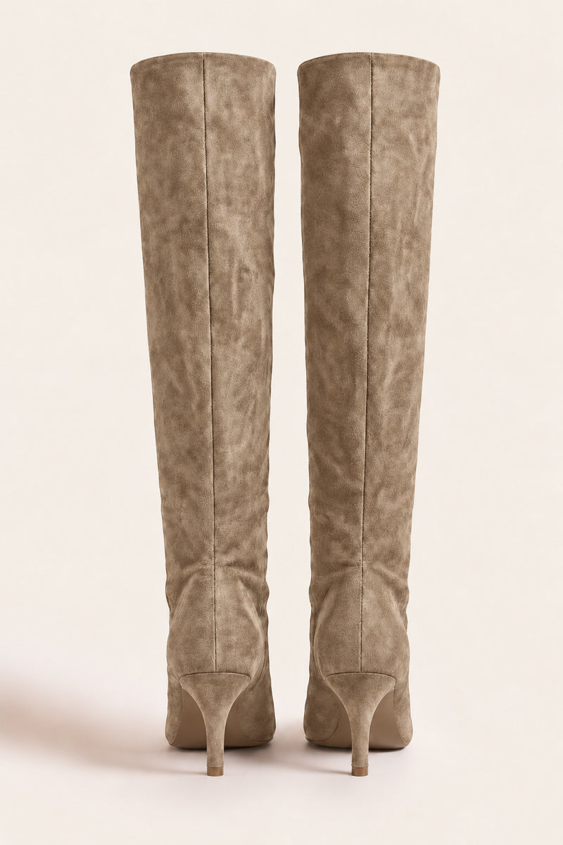 Taupe Faux Suede Stiletto Knee High Boots - Lexi