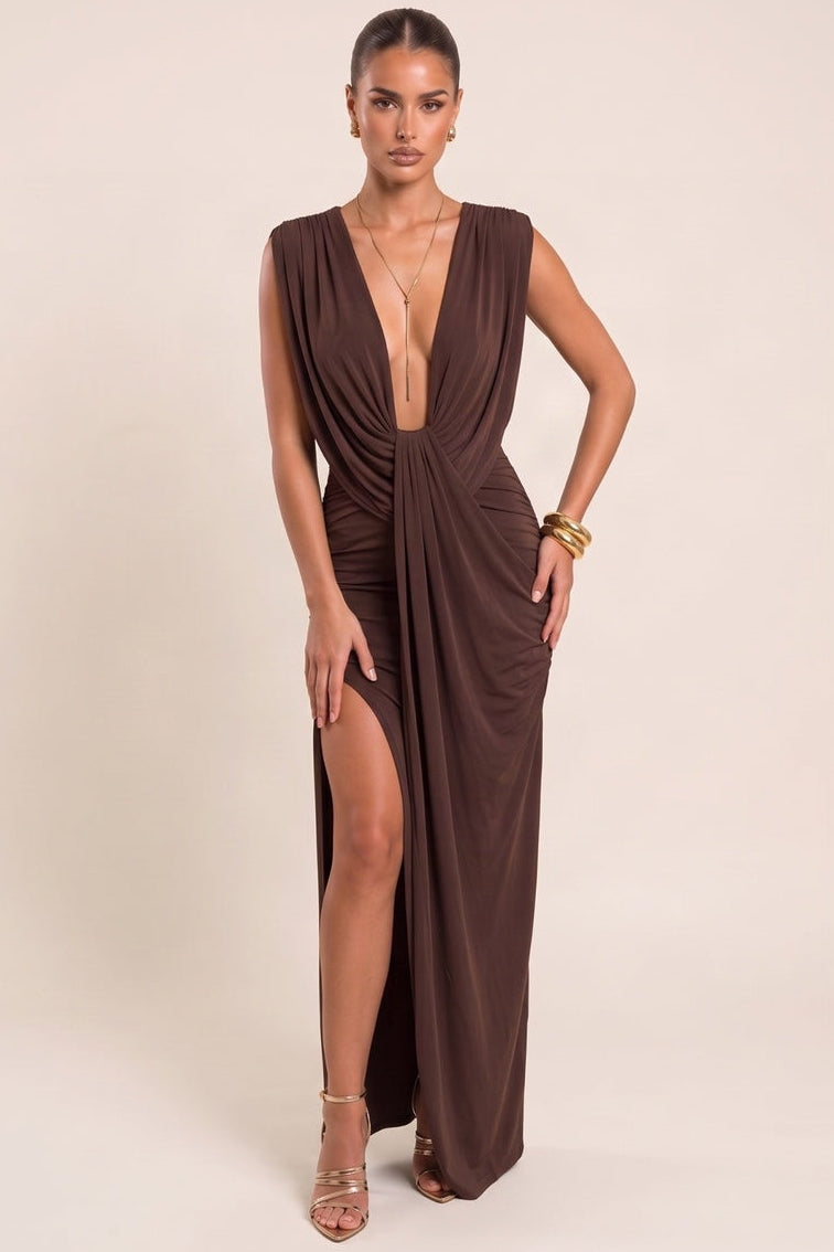 Chocolate Draped Split Front Maxi Dress - Raelyn