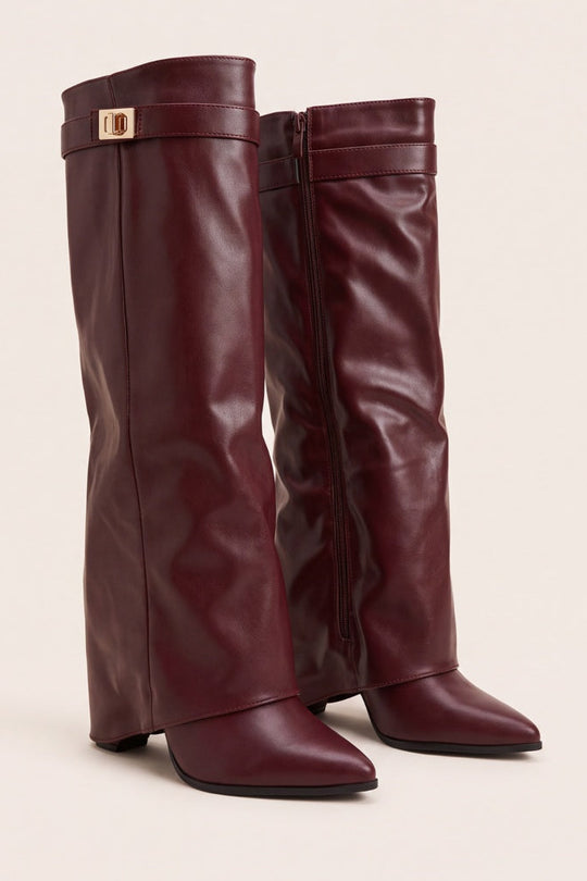 Wine PU Trim Detail Layered Knee High Boots - Izzy
