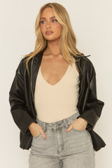 Black Faux Leather Bomber Jacket - Brittany