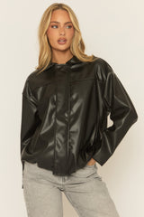 Black Faux Leather Bomber Jacket - Brittany