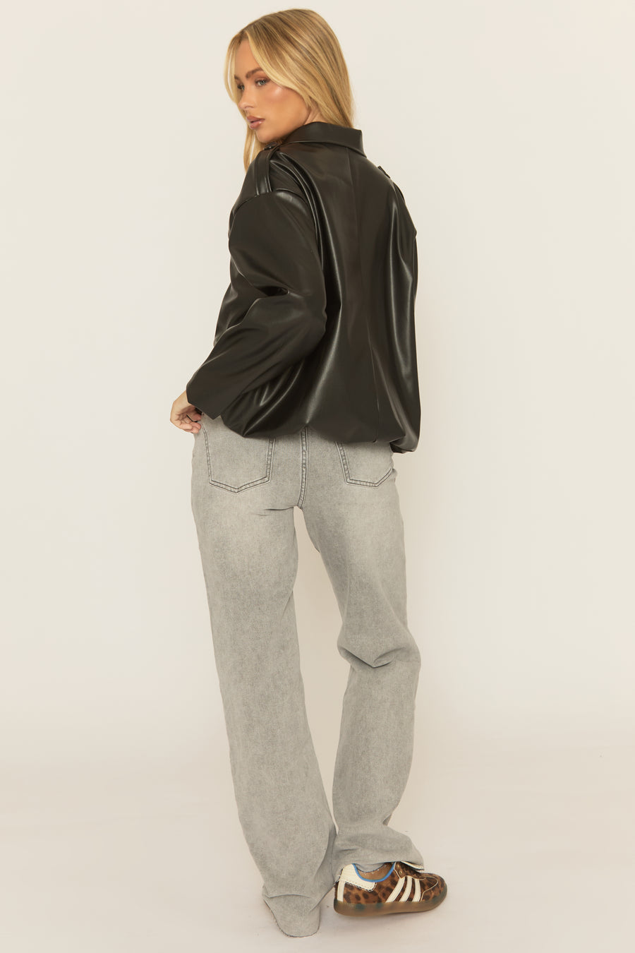 Black Faux Leather Bomber Jacket - Brittany