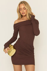 Chocolate Crinkle Bardot Drape Mini Dress - Albian