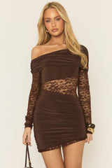 Chocolate Lace Drape Front Mini Dress - Lorrae