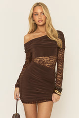 Chocolate Lace Drape Front Mini Dress - Lorrae