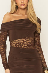 Chocolate Lace Drape Front Mini Dress - Lorrae