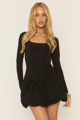 Black Square Neck Long Sleeve Puffball Mini Dress - Irenee