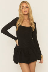 Black Square Neck Long Sleeve Puffball Mini Dress - Irenee
