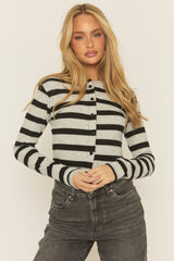 Grey Striped Brushed Rib Button Down Top - Joleena