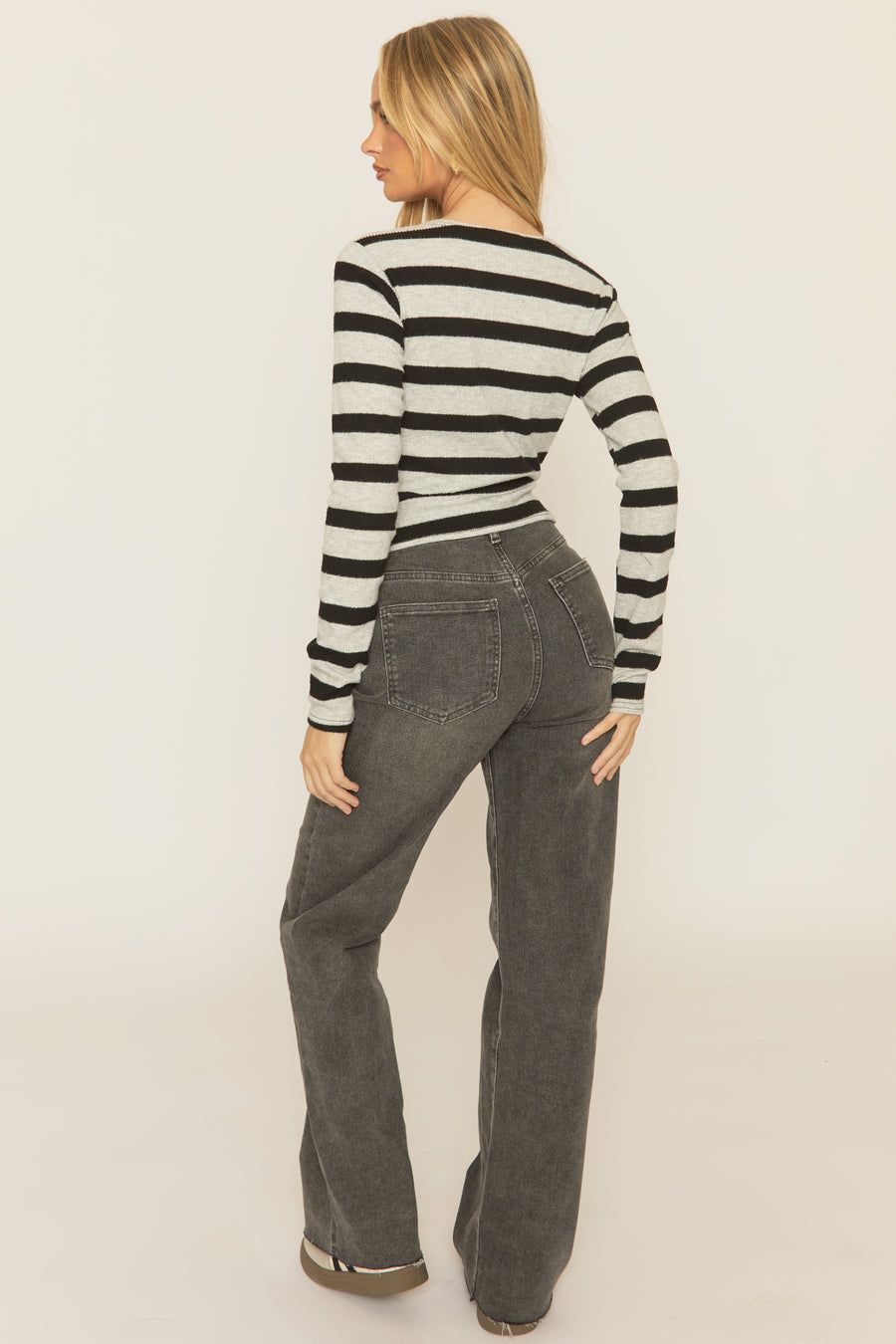 Grey Striped Brushed Rib Button Down Top - Joleena