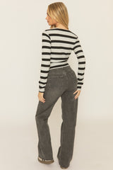 Grey Striped Brushed Rib Button Down Top - Joleena
