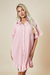 Light Pink Plisse Detail Frill Hem Oversized Dress - Sakura