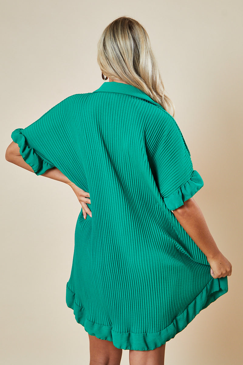 Green Plisse Detail Frill Hem Oversized Dress - Sakura
