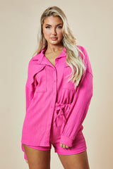 Pink Button Up Front Shirt & Shorts Co-ord Set - Hoshi